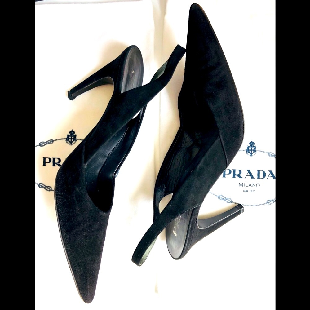 Prada pointy toe black suede slingback pump 4 inch heel size 8 1/2 - Picture 4 of 17